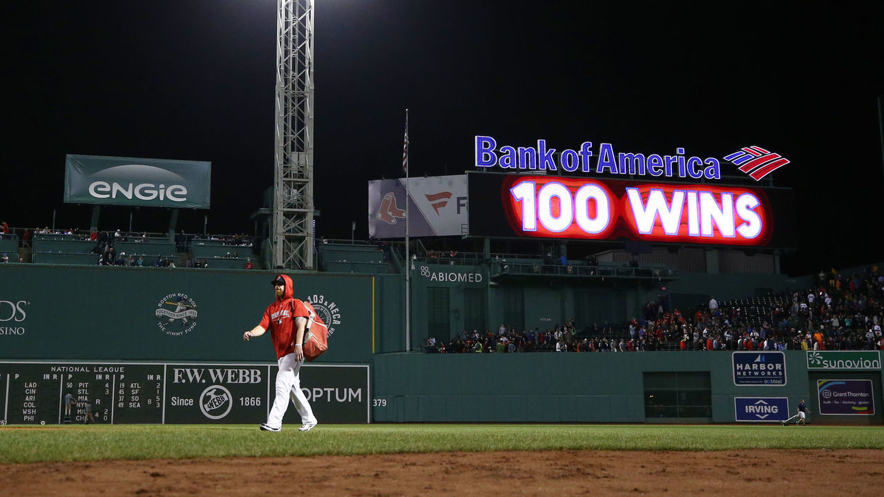 BOSTON, MA - SEPTEMBER 12: A display board over the bleacher section celebrates the Boston Red Sox 100th win of the season after the Sox defeat the Toronto Blue Jays 1-0 at Fenway Park on September 12, 2018 in Boston, Massachusetts.