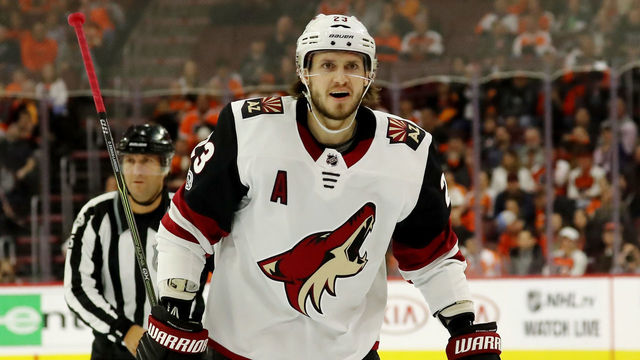 PHILADELPHIA, PA - OCTOBER 30: Oliver Ekman-Larsson #23 celebrates a goal by teammate Christian Dvorak of the Arizona Coyotes in the first period against the Philadelphia Flyers on October 30, 2017 at Wells Fargo Center in Philadelphia, Pennsylvania.