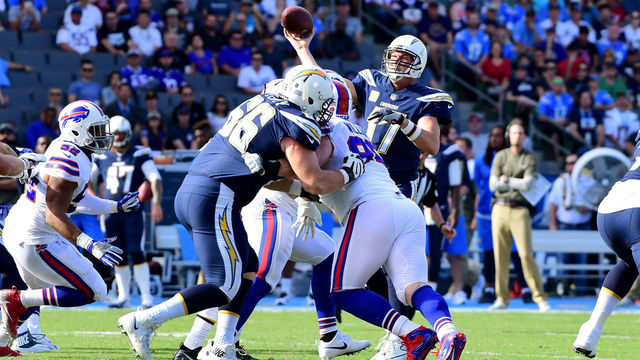 CARSON, CA - NOVEMBER 19: Philip Rivers #17 of the Los Angeles Chargers throws a pass during the game against the Buffalo Bills at StubHub Center on November 19, 2017 in Carson, California.