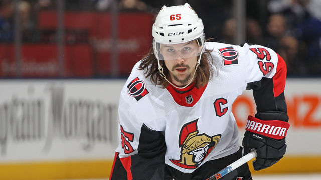 TORONTO, ON - FEBRUARY 10: Erik Karlsson #65 of the Ottawa Senators waits for a puck drop against the Toronto Maple Leafs during an NHL game at the Air Canada Centre on February 10, 2018 in Toronto, Ontario, Canada. The Maple Leafs defeated the Senators 6-3.