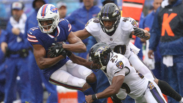 BALTIMORE, MD - SEPTEMBER 9: Zay Jones #11 of the Buffalo Bills is tackled by Marlon Humphrey #29 of the Baltimore Ravens in the fourth quarter at M&T Bank Stadium on September 9, 2018 in Baltimore, Maryland.