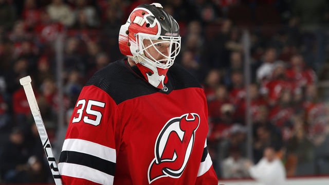 NEWARK, NJ - MARCH 4: Cory Schneider #35 of the New Jersey Devils in action against the Vegas Golden Knights during the first period at the Prudential Center on March 4, 2018 in Newark, New Jersey.