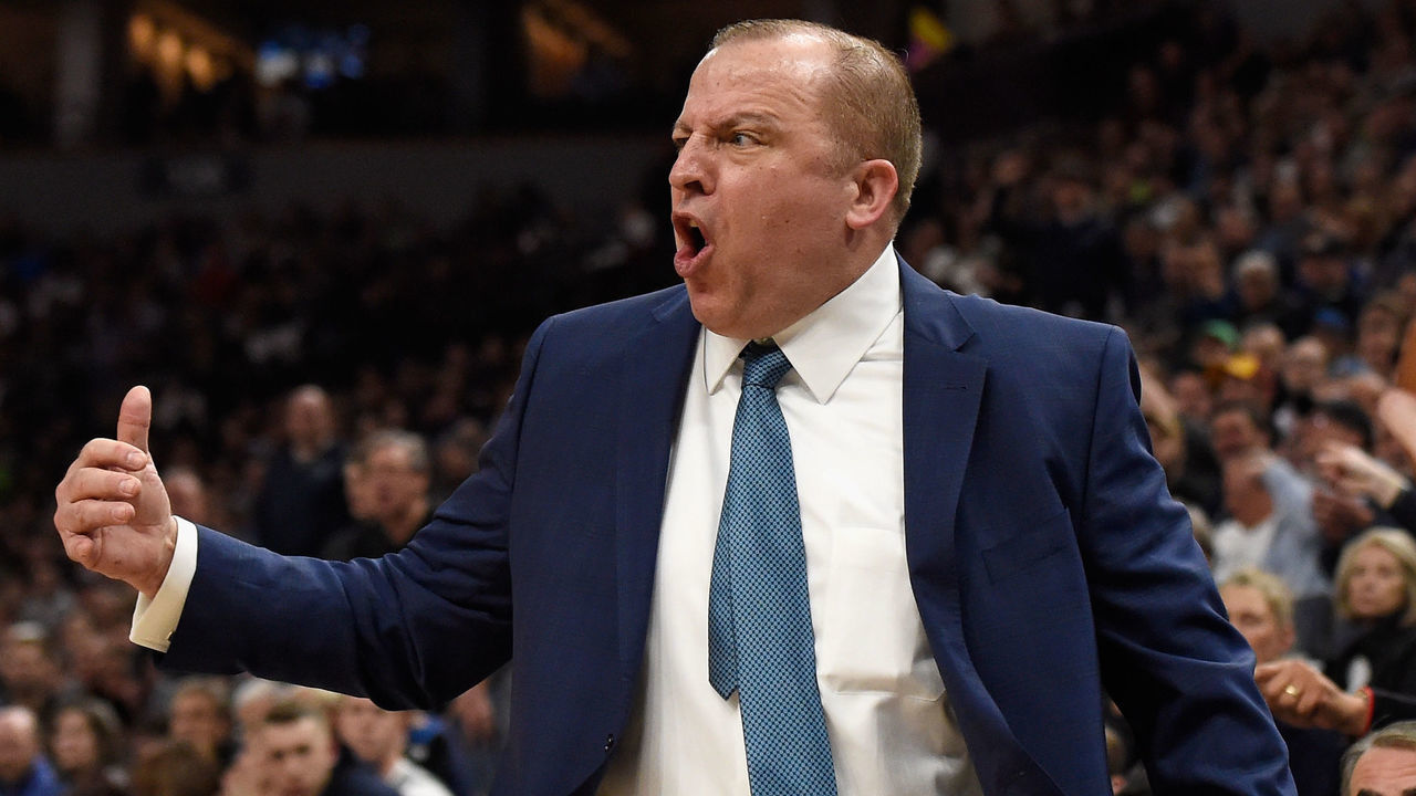 MINNEAPOLIS, MN - APRIL 11: Head coach Tom Thibodeau of the Minnesota Timberwolves reacts during the third quarter of the game against the Denver Nuggets on April 11, 2018 at the Target Center in Minneapolis, Minnesota. The Timberwolves defeated the Nuggets 112-106.