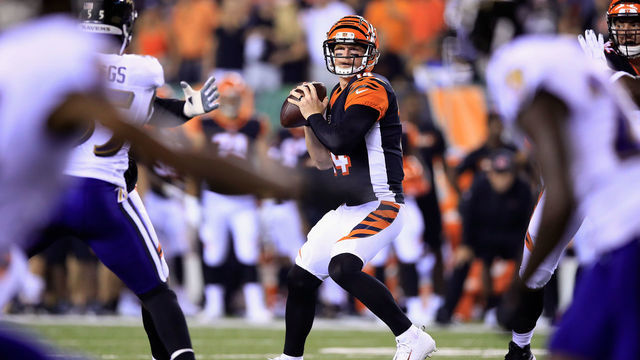 CINCINNATI, OH - SEPTEMBER 13: Andy Dalton #14 of the Cincinnati Bengals looks to pass the ball during the first half against the Baltimore Ravens at Paul Brown Stadium on September 13, 2018 in Cincinnati, Ohio.