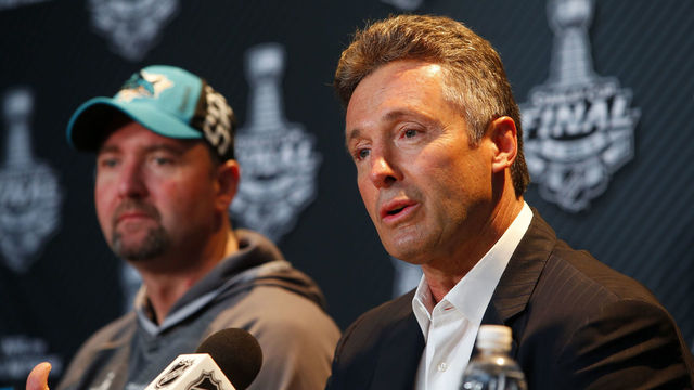 PITTSBURGH, PA - MAY 29: General Manager Doug Wilson of the San Jose Sharks addresses the media during the NHL Stanley Cup Final Media Day at Consol Energy Center on May 29, 2016 in Pittsburgh, Pennsylvania.