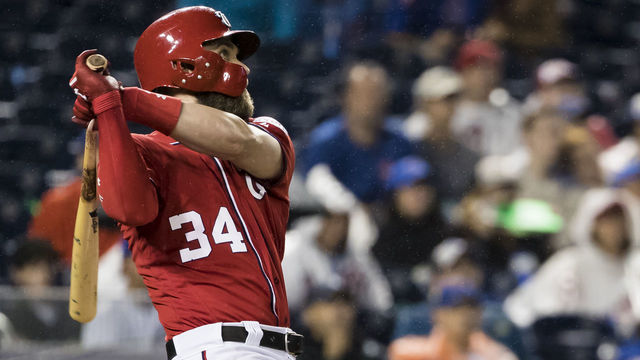 WASHINGTON, DC - SEPTEMBER 08: Bryce Harper #34 of the Washington Nationals hits a two-run home run against the Chicago Cubs during the seventh inning of game two of a doubleheader at Nationals Park on September 8, 2018 in Washington, DC.