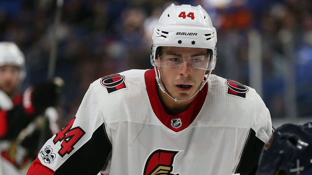 BUFFALO, NY - DECEMBER 12: Jean-Gabriel Pageau #44 of the Ottawa Senators during the game against the Buffalo Sabres at the KeyBank Center on December 12, 2017 in Buffalo, New York.