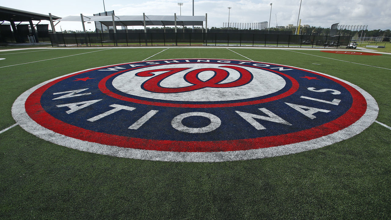 WEST PALM BEACH, FL - FEBRUARY 28: The Washington Nationals logo on one of the practice fields at The Ballpark of the Palm Beaches prior to a spring training game against the Houston Astros on February 28, 2017 in West Palm Beach, Florida.