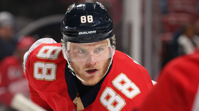 SUNRISE, FL - OCTOBER 28: Jamie McGinn #88 of the Florida Panthers prepares for a face-off against the Detroit Red Wings at the BB&T Center on October 28, 2017 in Sunrise, Florida. The Red Wings defeated the Panthers 3-2 in a shoot out.