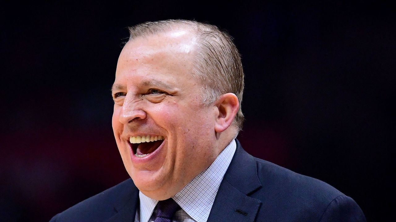 LOS ANGELES, CA - DECEMBER 06: Tom Thibodeau of the Minnesota Timberwolves laughs on the sidelines during the first half against the LA Clippers at Staples Center on December 6, 2017 in Los Angeles, California.