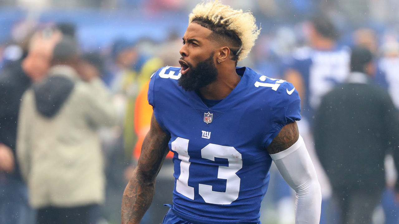 EAST RUTHERFORD, NJ - SEPTEMBER 09: Odell Beckham Jr.#13 of the New York Giants cheers before the game against the Jacksonville Jaguars at MetLife Stadium on September 9, 2018 in East Rutherford, New Jersey.
