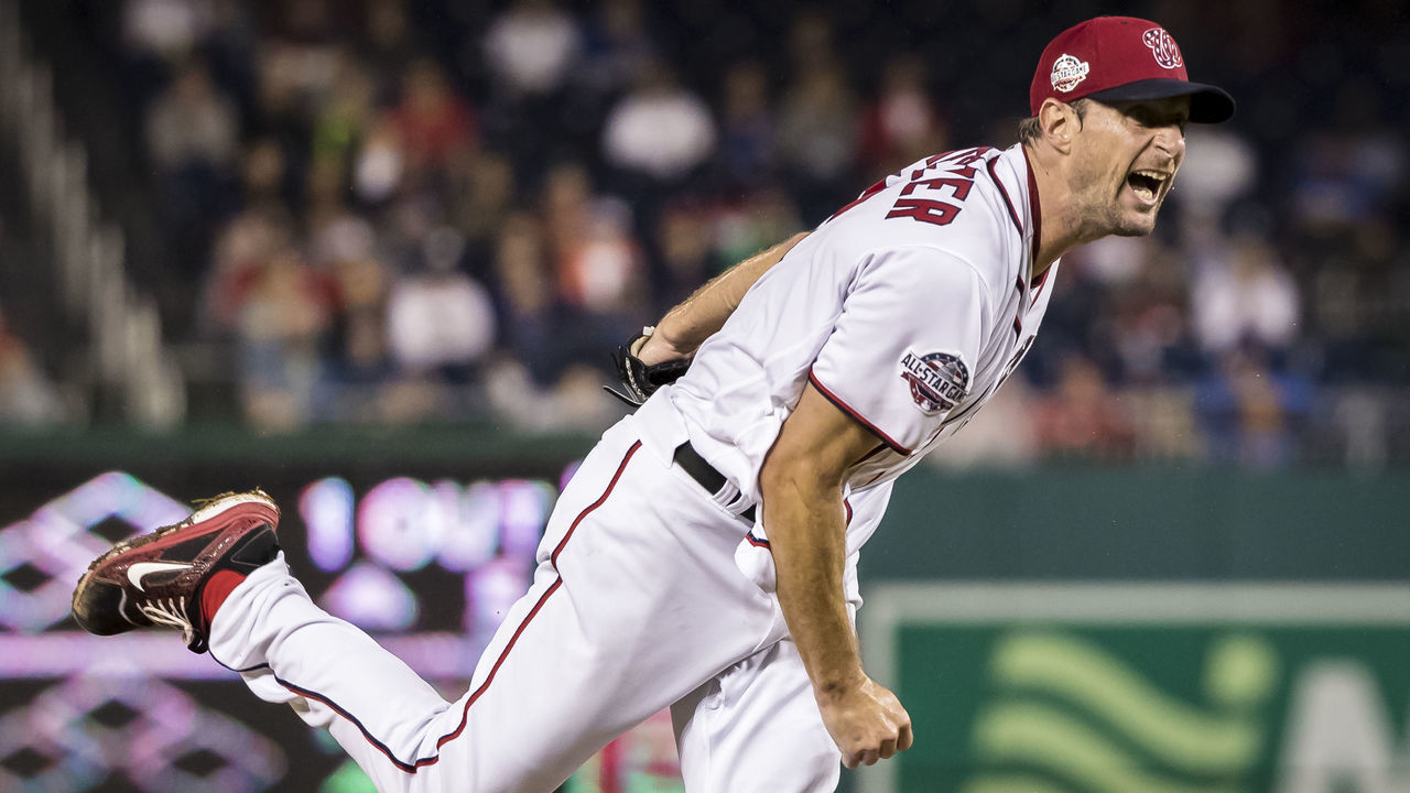 WASHINGTON, DC - SEPTEMBER 08: Starting pitcher Max Scherzer #31 of the Washington Nationals reacts after throwing a pitch against the Chicago Cubs during the ninth inning of game one of a doubleheader at Nationals Park on September 8, 2018 in Washington, DC. Max Scherzer #31 pitched a complete game as the Nationals won 10-3.
