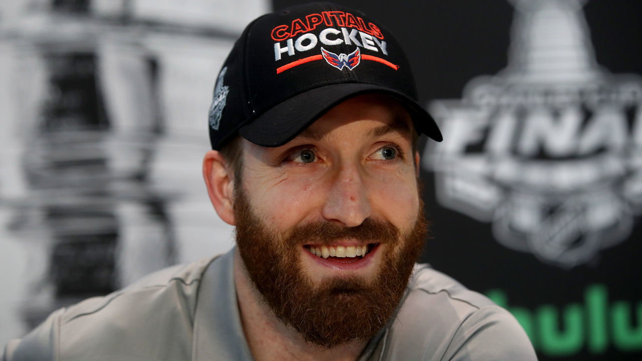 LAS VEGAS, NV - MAY 27: Brooks Orpik #44 of the Washington Capitals answers questions during Media Day for the 2018 NHL Stanley Cup Final at T-Mobile Arena on May 27, 2018 in Las Vegas, Nevada.