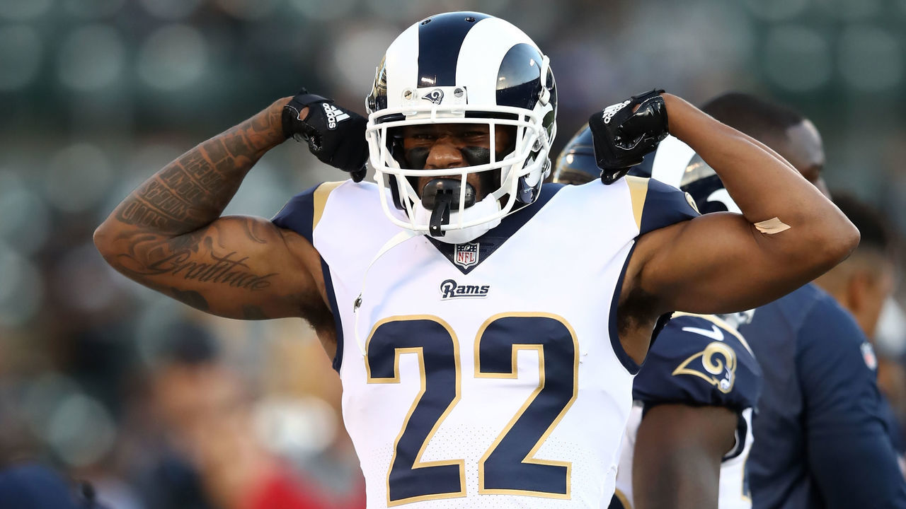 OAKLAND, CA - SEPTEMBER 10: Marcus Peters #22 of the Los Angeles Rams warms up prior to their game against the Oakland Raiders at Oakland-Alameda County Coliseum on September 10, 2018 in Oakland, California.