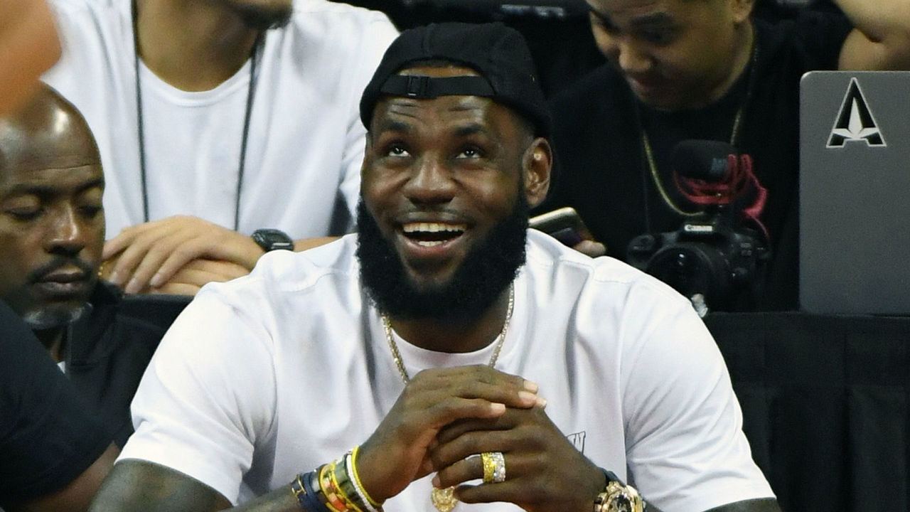 LAS VEGAS, NV - JULY 15: LeBron James of the Los Angeles Lakers laughs as he attends a quarterfinal game of the 2018 NBA Summer League between the Lakers and the Detroit Pistons at the Thomas & Mack Center on July 15, 2018 in Las Vegas, Nevada.