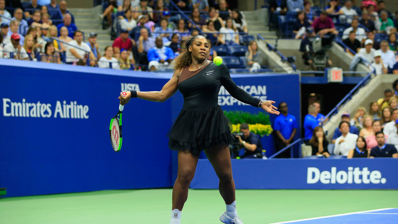 NEW YORK, NY - SEPTEMBER 08: Serena Williams of the United States returns the ball during her Women's Singles finals match against Naomi Osaka of Japan on Day Thirteen of the 2018 US Open at the USTA Billie Jean King National Tennis Center on September 8, 2018 in the Flushing neighborhood of the Queens borough of New York City.