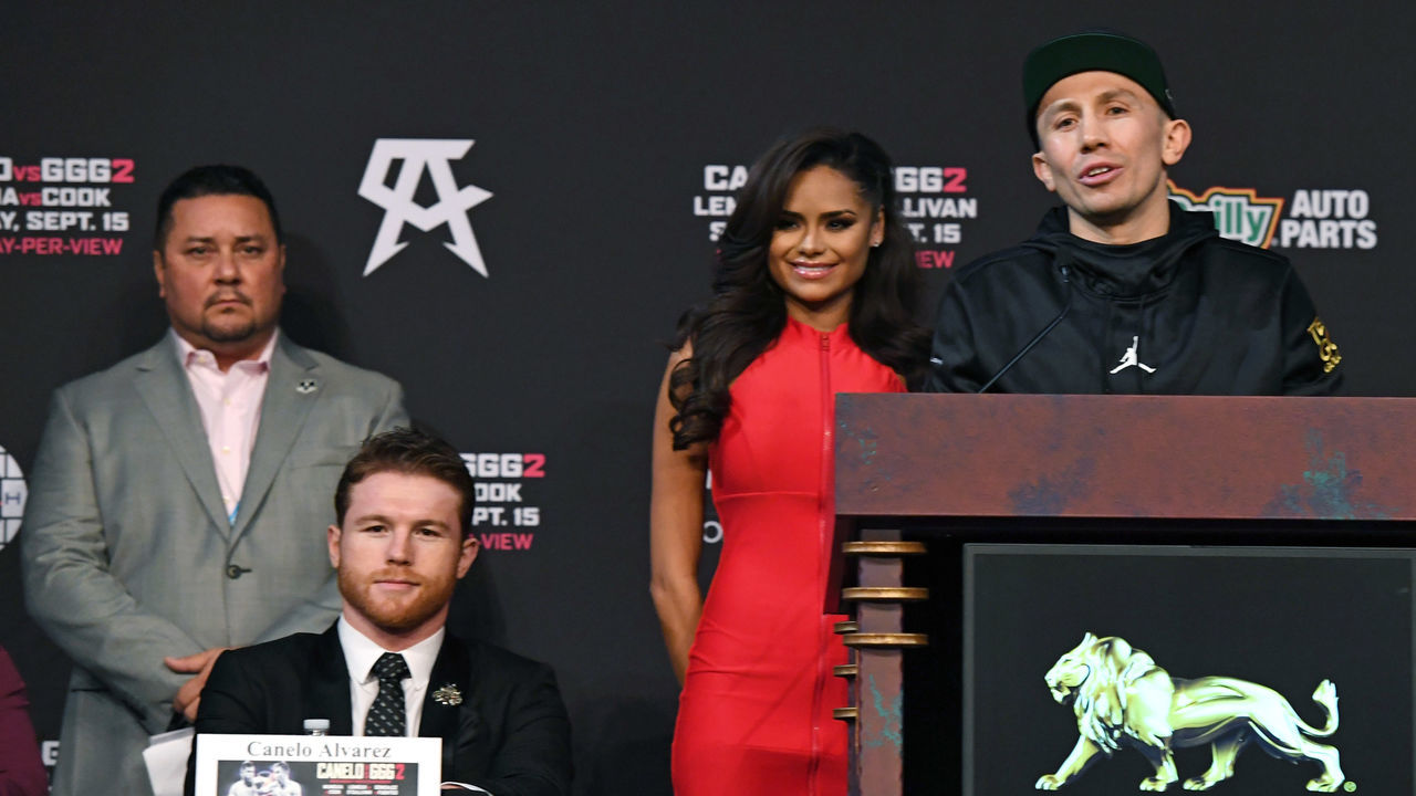LAS VEGAS, NV - SEPTEMBER 12: WBC/WBA middleweight champion Gennady Golovkin (R) speaks as Golden Boy Promotions President Eric Gomez (L) and Canelo Alvarez (2nd L) listen during a news conference at MGM Grand Hotel & Casino on September 12, 2018 in Las Vegas, Nevada. Golovkin will defend his titles against Alvarez in a rematch on September 15 at T-Mobile Arena in Las Vegas.
