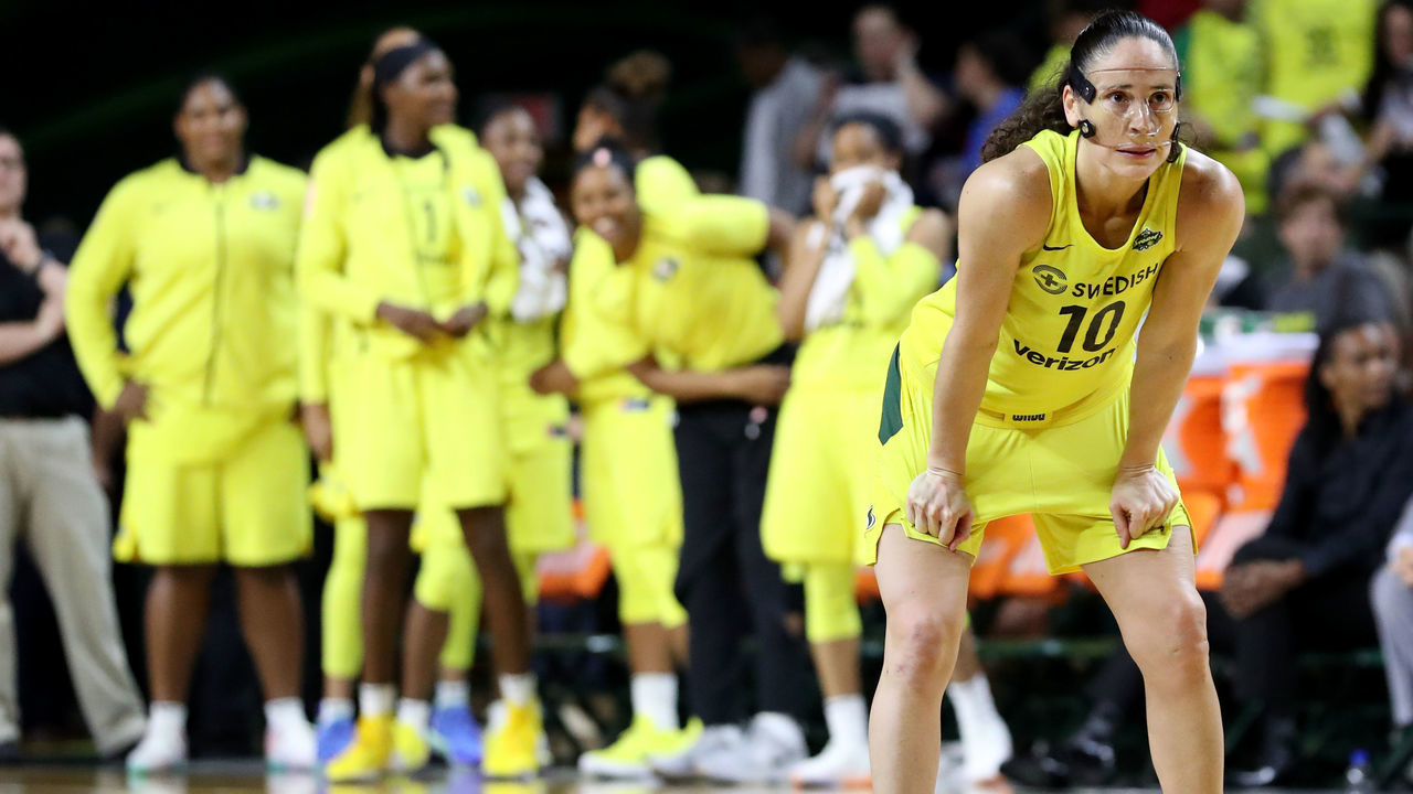 FAIRFAX, VA - SEPTEMBER 12: Sue Bird #10 of the Seattle Storm looks on against the Washington Mystics in the second half during game three of the WNBA Finals at EagleBank Arena on September 12, 2018 in Fairfax, Virginia.