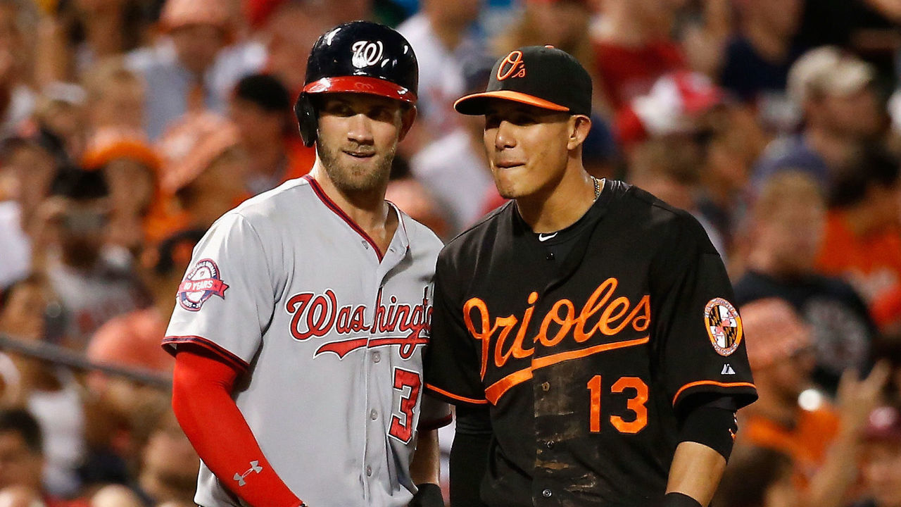BALTIMORE, MD - JULY 10: Bryce Harper #34 of the Washington Nationals and Manny Machado #13 of the Baltimore Orioles talk during their game at Oriole Park at Camden Yards on July 10, 2015 in Baltimore, Maryland.