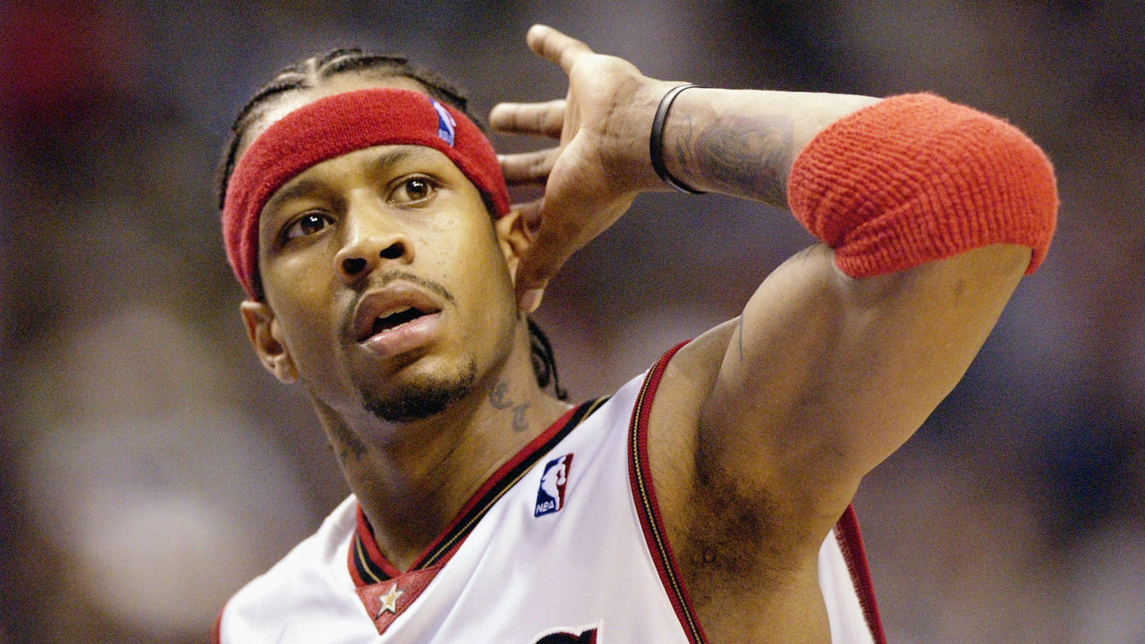 PHILADELPHIA - MAY 11: Allen Iverson #3 of the Philadelphia 76ers gestures to the crowd in Game four of the Eastern Conference Semifinals during the 2003 NBA Playoffs against the Detroit Pistons on May 11,2003 at the First Union Center in Philadelphia, Pennsylvania. The 76ers won 95-82. NOTE TO USER: User expressly acknowledges and agrees that, by downloading and/or using this Photograph, User is consenting to the terms and conditions of the Getty Images License Agreement.