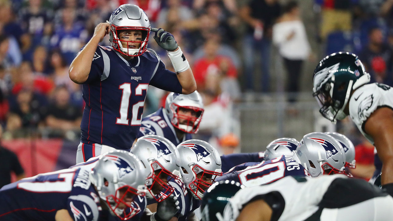 FOXBOROUGH, MA - AUGUST 16: Tom Brady #12 of the New England Patriots communicates at the line of scrimmage in the first half against the Philadelphia Eagles during the preseason game at Gillette Stadium on August 16, 2018 in Foxborough, Massachusetts.