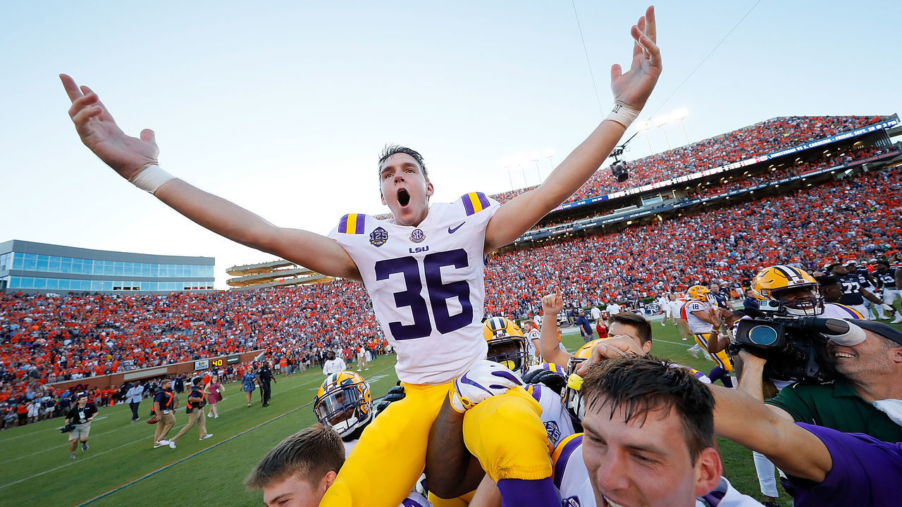 AUBURN, AL - SEPTEMBER 15: Cole Tracy #36 of the LSU Tigers celebrates after kicking the game-winning field goal in their 22-21 win over the Auburn Tigers at Jordan-Hare Stadium on September 15, 2018 in Auburn, Alabama.