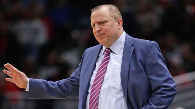 CHICAGO, IL - FEBRUARY 09: Head coach Tom Thibodeau of the Minnesota Timberwolves complains to a referee during a game against the Chicago Bulls at the United Center on February 9, 2018 in Chicago, Illinois.