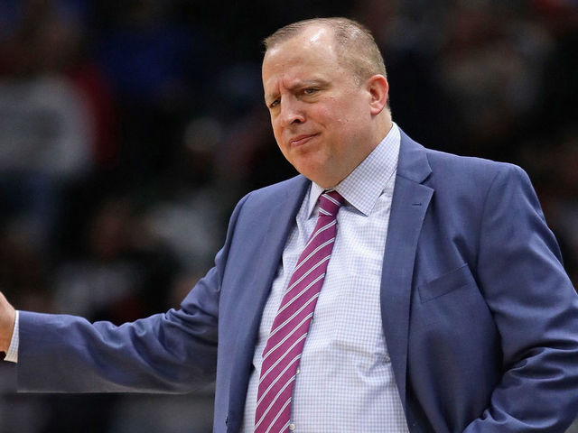 CHICAGO, IL - FEBRUARY 09: Head coach Tom Thibodeau of the Minnesota Timberwolves complains to a referee during a game against the Chicago Bulls at the United Center on February 9, 2018 in Chicago, Illinois.