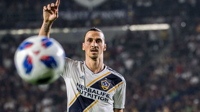CARSON, CA - AUGUST 24: Zlatan Ibrahimovic #9 of Los Angeles Galaxy during the Los Angeles Galaxy's MLS match against Los Angeles FC at the StubHub Center on August 24, 2018 in Carson, California. The match ended in a 1-1 tie.
