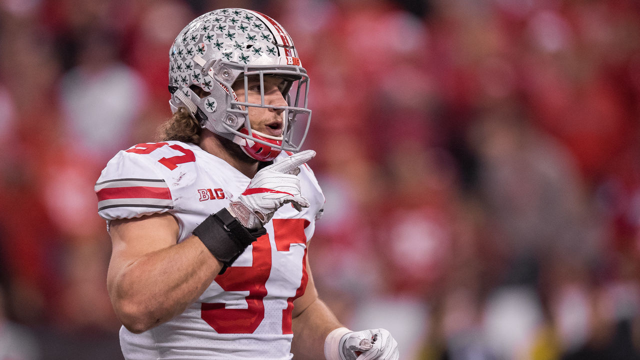 INDIANAPOLIS, IN - DECEMBER 02: Ohio State Buckeyes defensive lineman Nick Bosa (97) looks over to the sidelines during the Big 10 Championship game between the Wisconsin Badgers and Ohio State Buckeyes on December 2, 2017, at Lucas Oil Stadium in Indianapolis, IN.