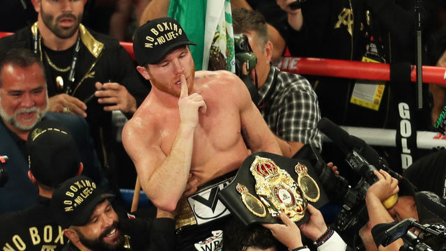 LAS VEGAS, NV - SEPTEMBER 15: Saul Canelo Alvarez celebrates his win against Gennady Golovkin after the WBC-WBA-IBO Ring Middleweight Title bout at T-Mobile Arena on September 15, 2018 in Las Vegas, Nevada.
