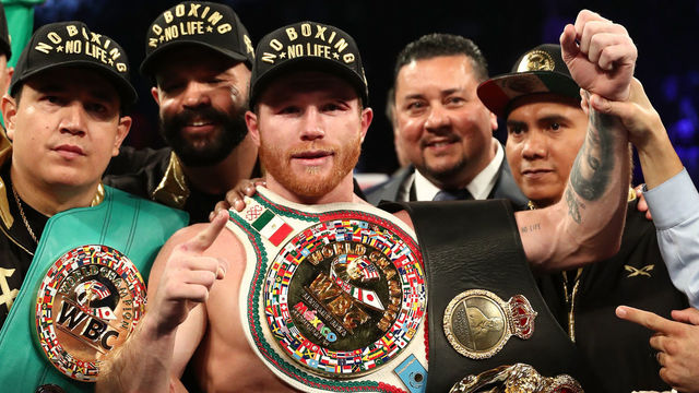 LAS VEGAS, NV - SEPTEMBER 15: Canelo Alvarez poses with the Championship Belts after his majority decision win against Gennady Golovkin during their WBC/WBA middleweight title fight at T-Mobile Arena on September 15, 2018 in Las Vegas, Nevada.