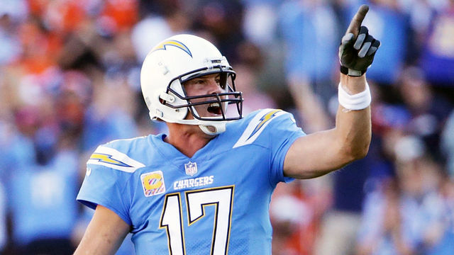 CARSON, CA - OCTOBER 22: Quarterback Philip Rivers #17 of the Los Angeles Chargers celebrates after passing to Travis Benjamin #12 for a touchdown during the fourth quarter of the game against the Denver Broncos at the StubHub Center on October 22, 2017 in Carson, California.