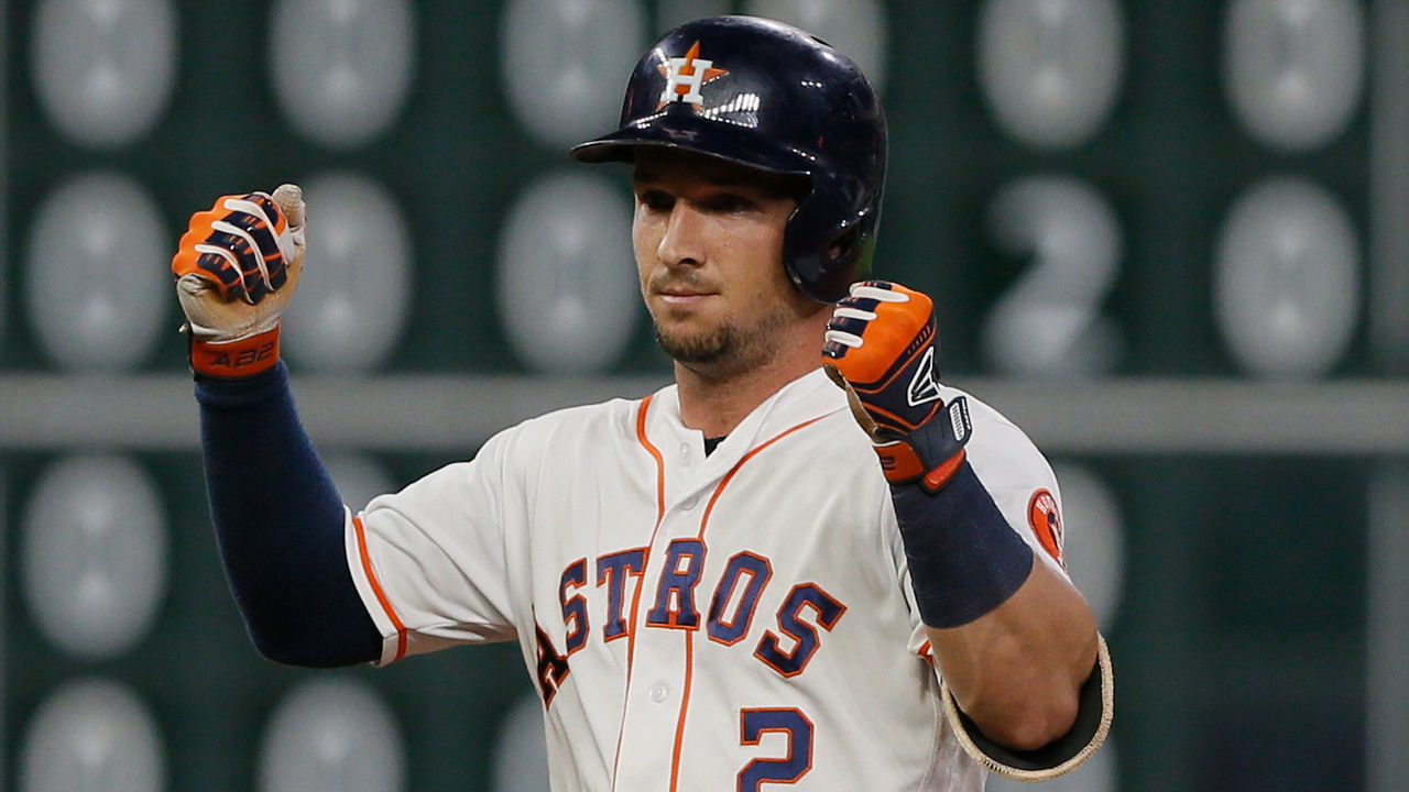 HOUSTON, TX - AUGUST 28: Alex Bregman #2 of the Houston Astros reacts after driving in two runs on a double in the fifth inning against the Oakland Athletics at Minute Maid Park on August 28, 2018 in Houston, Texas.
