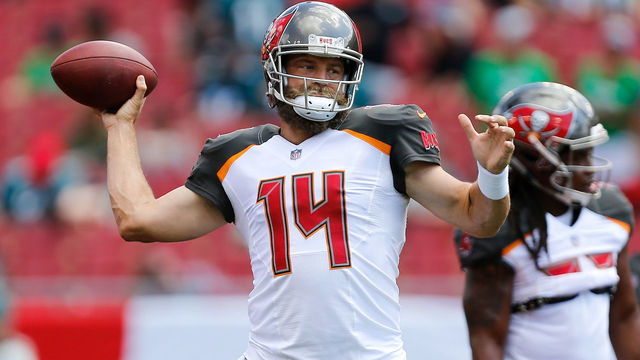 TAMPA, FL - SEPTEMBER 16: Ryan Fitzpatrick #14 of the Tampa Bay Buccaneers throws a pass during warm ups prior to the game against the Philadelphia Eagles at Raymond James Stadium on September 16, 2018 in Tampa, Florida.