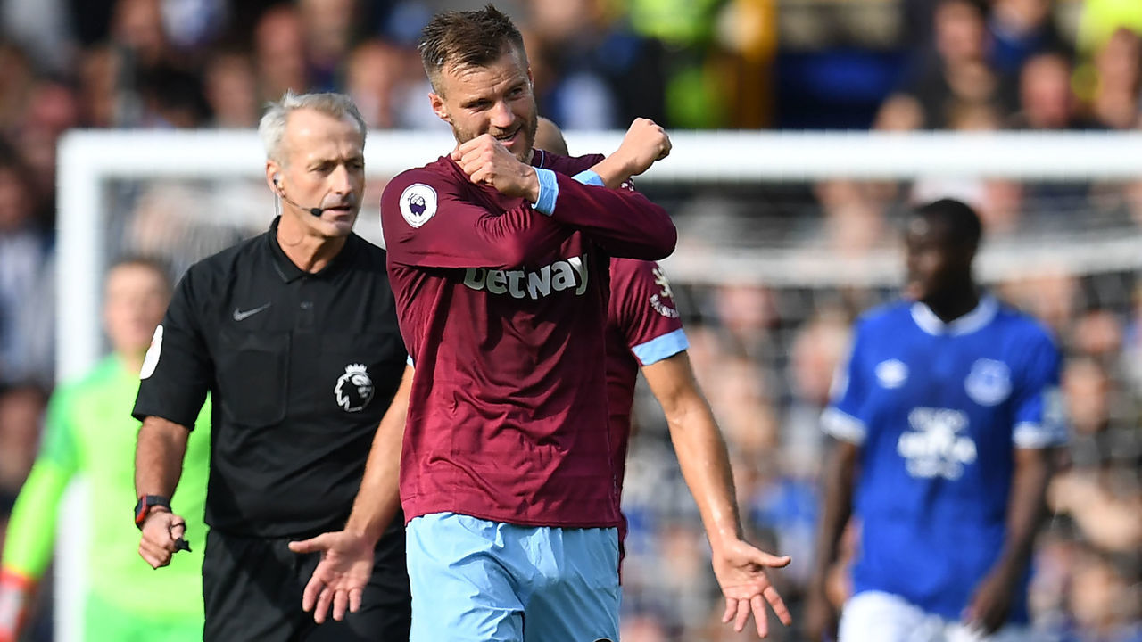 West Ham United's Ukrainian striker Andriy Yarmolenko celebrates after scoring their second goal during the English Premier League football match between Everton and West Ham United at Goodison Park in Liverpool, north west England on September 16, 2018.