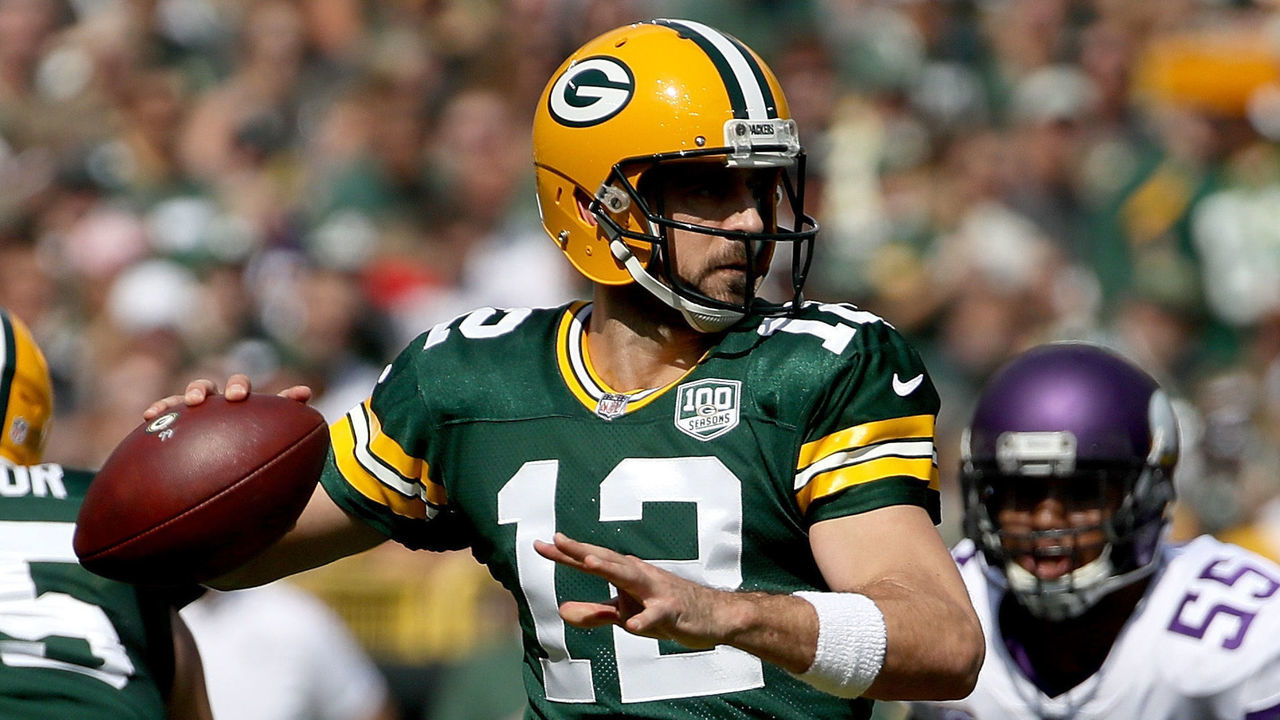 GREEN BAY, WI - SEPTEMBER 16: Aaron Rodgers #12 of the Green Bay Packers throws a pass during the first quarter of a game against the Minnesota Vikings at Lambeau Field on September 16, 2018 in Green Bay, Wisconsin.