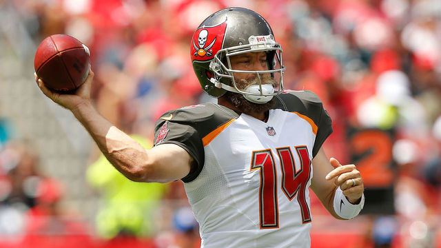 TAMPA, FL - SEPTEMBER 16: Ryan Fitzpatrick #14 of the Tampa Bay Buccaneers throws a pass against the Philadelphia Eagles during the first half at Raymond James Stadium on September 16, 2018 in Tampa, Florida.