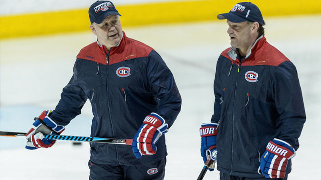 BROSSARD, QC - FEBRUARY 17: Montreal Canadiens head coach Claude Julien speaks with associate coach Kirk Muller during the Montreal Canadiens practice session at the Bell Sports Complex on February 17, 2017 in Brossard, Quebec, Canada.