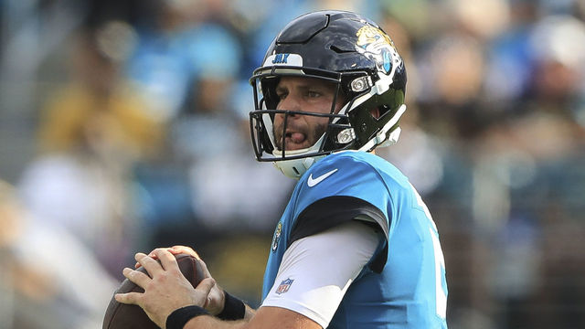 JACKSONVILLE, FL - SEPTEMBER 16: Blake Bortles #5 of the Jacksonville Jaguars drops back to pass during the first half against the New England Patriots at TIAA Bank Field on September 16, 2018 in Jacksonville, Florida.