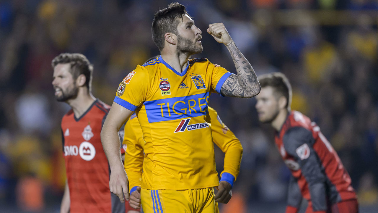 MONTERREY, MEXICO - MARCH 13: Andre-Pierre Gignac of Tigres celebrates after scoring his team's second goal during the quarter finals second leg match between Tigres UANL and Toronto FC as part of the CONCACAF Champions League 2018 at Universitario Stadium on March 13, 2018 in Monterrey, Mexico.