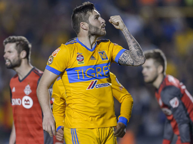 MONTERREY, MEXICO - MARCH 13: Andre-Pierre Gignac of Tigres celebrates after scoring his team's second goal during the quarter finals second leg match between Tigres UANL and Toronto FC as part of the CONCACAF Champions League 2018 at Universitario Stadium on March 13, 2018 in Monterrey, Mexico.