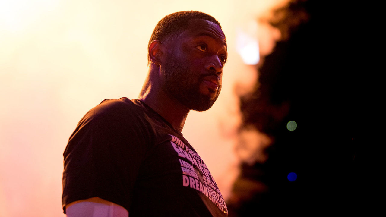 MIAMI, FL - FEBRUARY 09: Dwyane Wade #3 of the Miami Heat looks on before the game against the Milwaukee Bucks at American Airlines Arena on February 9, 2018 in Miami, Florida.