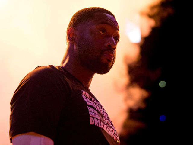MIAMI, FL - FEBRUARY 09: Dwyane Wade #3 of the Miami Heat looks on before the game against the Milwaukee Bucks at American Airlines Arena on February 9, 2018 in Miami, Florida.