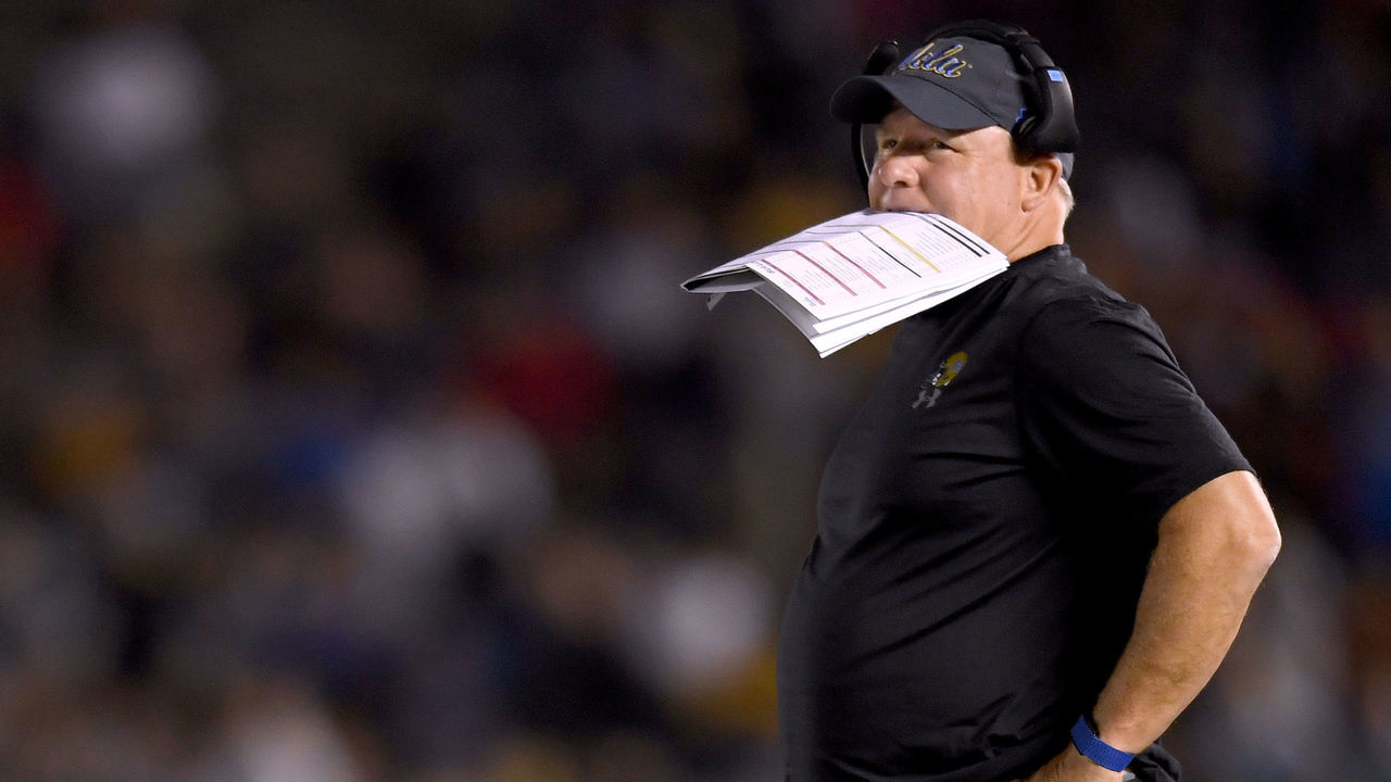 PASADENA, CA - SEPTEMBER 15: Head coach of the UCLA Bruins Chip Kelly reacts after a Fresno State Bulldogs touchdown to trail 31-14 during the third quarter at Rose Bowl on September 15, 2018 in Pasadena, California.