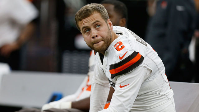 NEW ORLEANS, LA - SEPTEMBER 16: Zane Gonzalez #2 of the Cleveland Browns reacts to their loss against the New Orleans Saints 21-18 at Mercedes-Benz Superdome on September 16, 2018 in New Orleans, Louisiana.