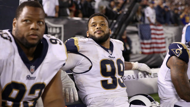 OAKLAND, CA - SEPTEMBER 10: Aaron Donald #99 of the Los Angeles Rams sits on the bench during their game against the Oakland Raiders at Oakland-Alameda County Coliseum on September 10, 2018 in Oakland, California.