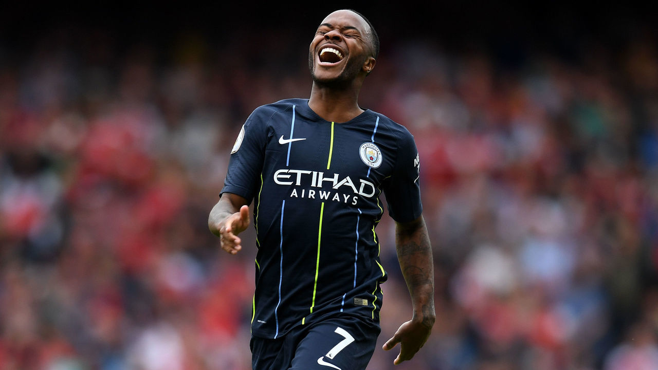 LONDON, ENGLAND - AUGUST 12: Raheem Sterling of Manchester City reacts during the Premier League match between Arsenal FC and Manchester City at Emirates Stadium on August 12, 2018 in London, United Kingdom.
