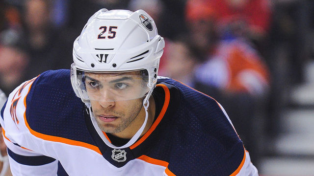 CALGARY, AB - MARCH 13: Darnell Nurse #25 of the Edmonton Oilers in action against the Calgary Flames during an NHL game at Scotiabank Saddledome on March 13, 2018 in Calgary, Alberta, Canada. *** Local Caption *** Darnell Nurse
