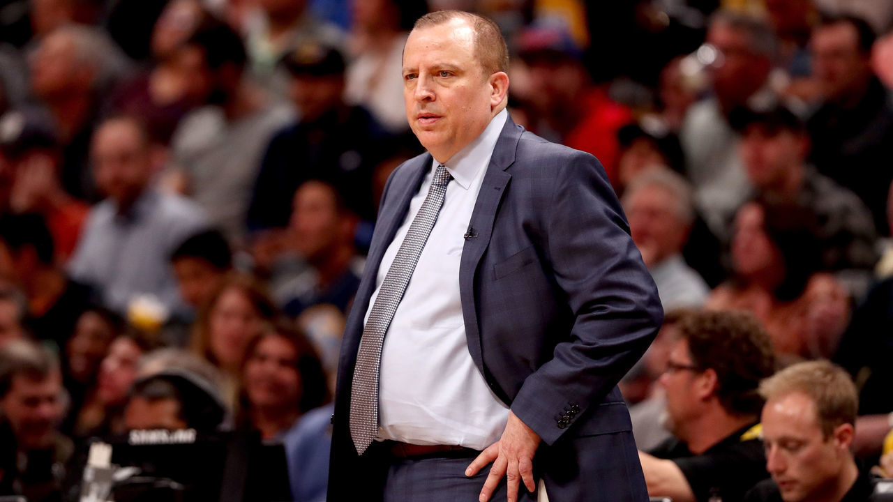 DENVER, CO - APRIL 05: Head coach Tom Thibodeau of the Minnesota Timberwolves watches as his team plays the Denver Nuggets at the Pepsi Center on April 5, 2018 in Denver, Colorado.